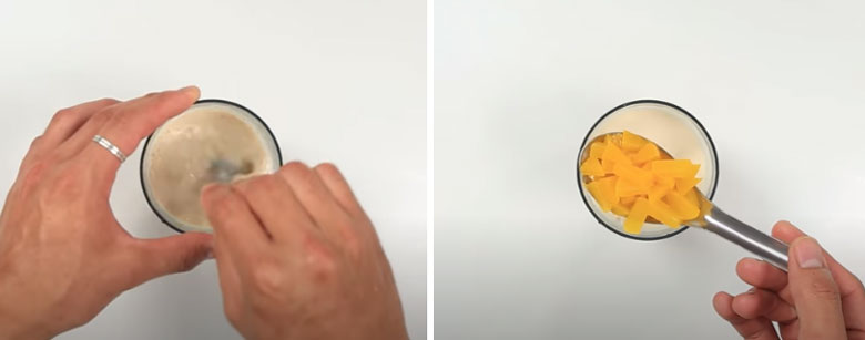 Trà sữa đào cho thêm đào ngâm vào ly trà sữa