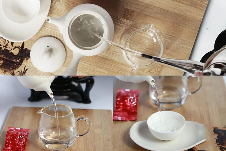 Cách pha trà olong thực hiện làm ấm nóng các loại dụng cụ trước khi thực hiện pha trà olong
