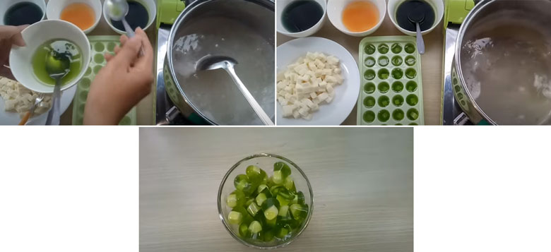 Thạch phô mai trà sữa cho thạch phô mai vào khay để làm đông