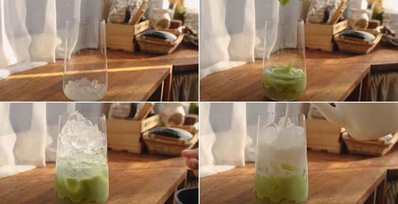 Cho trà sữa bơ ra ly