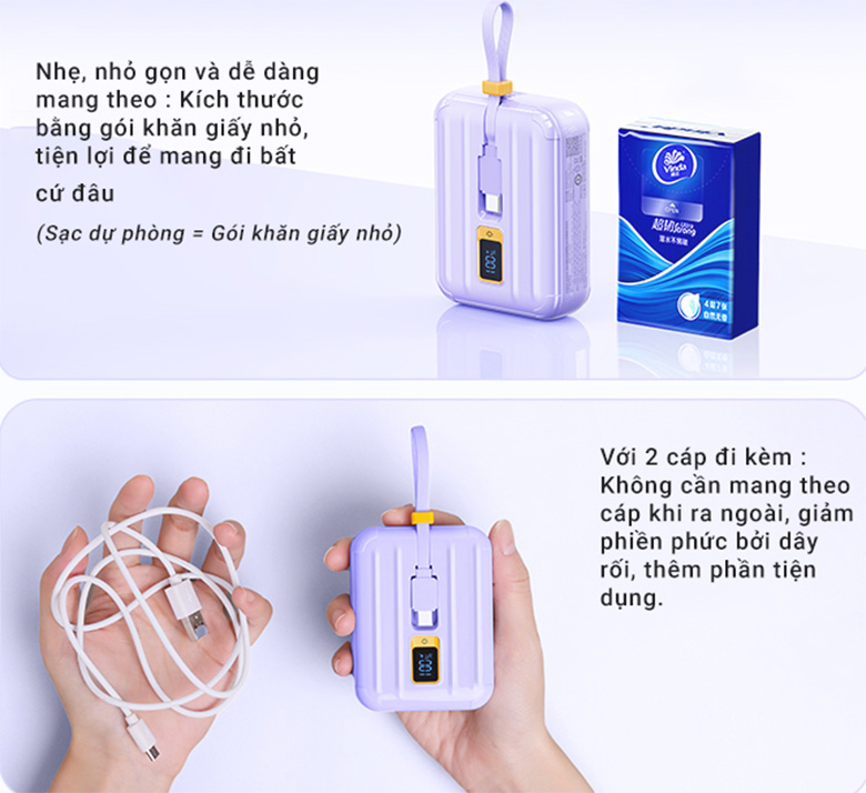Cáp tích hợp sẵn - Sạc dự phòng PISEN QUICK - PowerLink Tiny 30W 10000mAh - Tím 
