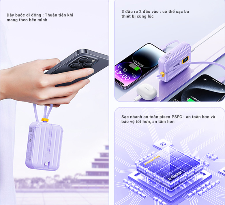 Màn hình LED - Sạc dự phòng PISEN QUICK - PowerLink Tiny 30W 10000mAh - Tím 