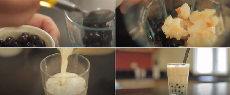 Cách làm trà sữa vải bằng vải tươi xong và cho vào ly