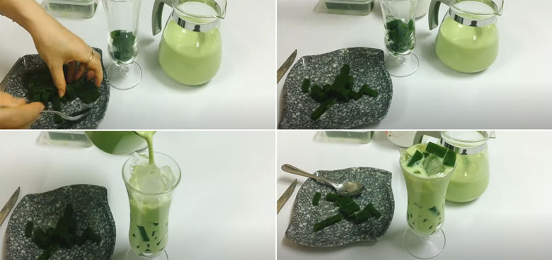 Cho trà sữa bằng bột trà xanh ra ly