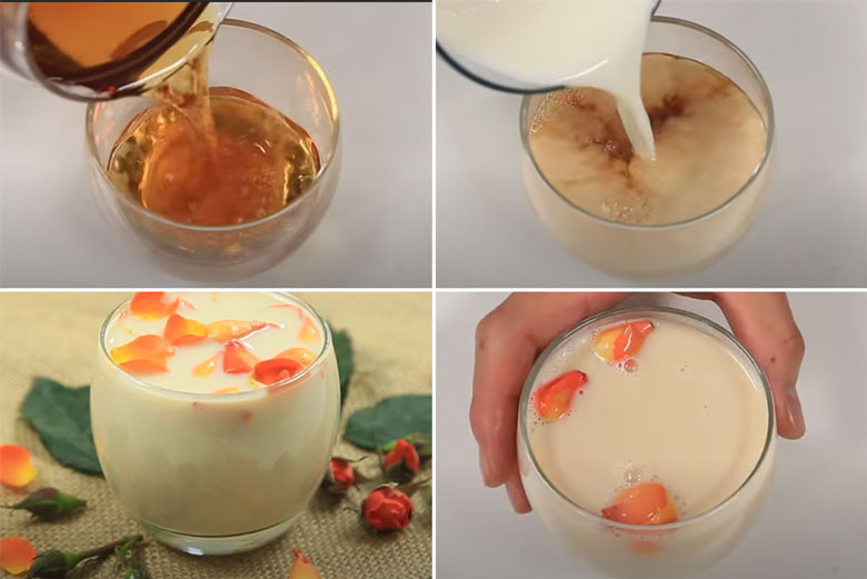 Cách làm trà sữa hoa hồng hoàn thành và cho ra ly