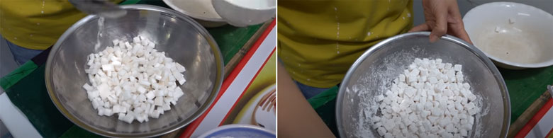 Cách làm trà sữa trân châu dừa trộn cùi dừa sơ chế với bột năng
