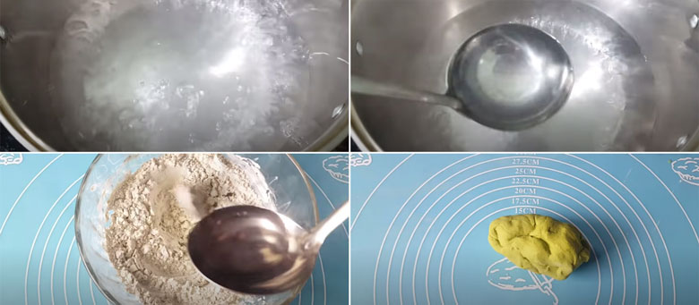 Cách làm trân châu trà xanh từ bột năng khi trộn bột năng với bột trà xanh cho nước vào để nhào bột