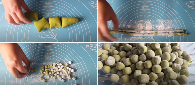 Cách làm trân châu trà xanh từ bột năng nặn thành những hạt trân châu trà xanh
