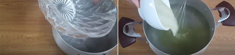 Cách làm trân châu trà xanh từ bột rau câu khi trộn bột rau câu với trà xanh cho vào khuấy tan với nước