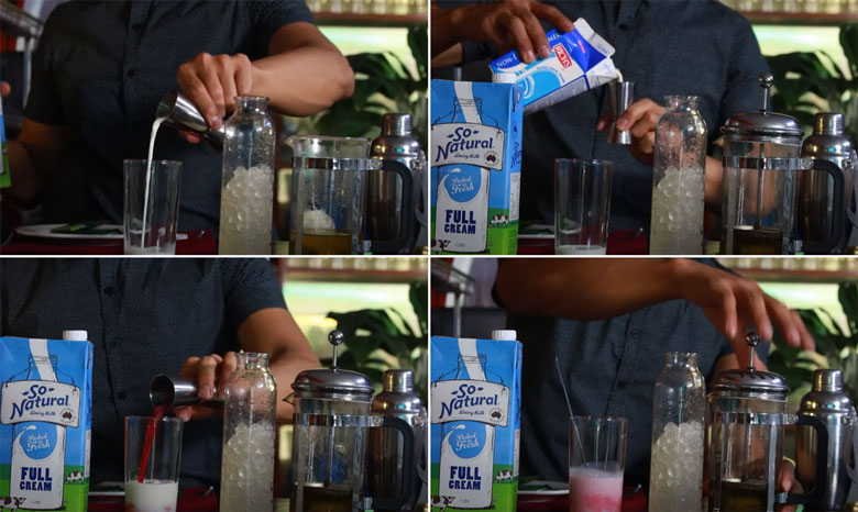 Cách làm trà sữa dâu tây cần nguyên liệu chính để làm trà sữa dâu cho vào 1 ly thủy tinh