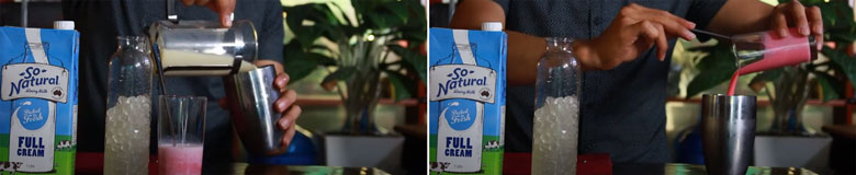 Trà sữa dâu cho tất cả nguyên liệu hỗn hợp vào bình lắc shaker và lắc đều