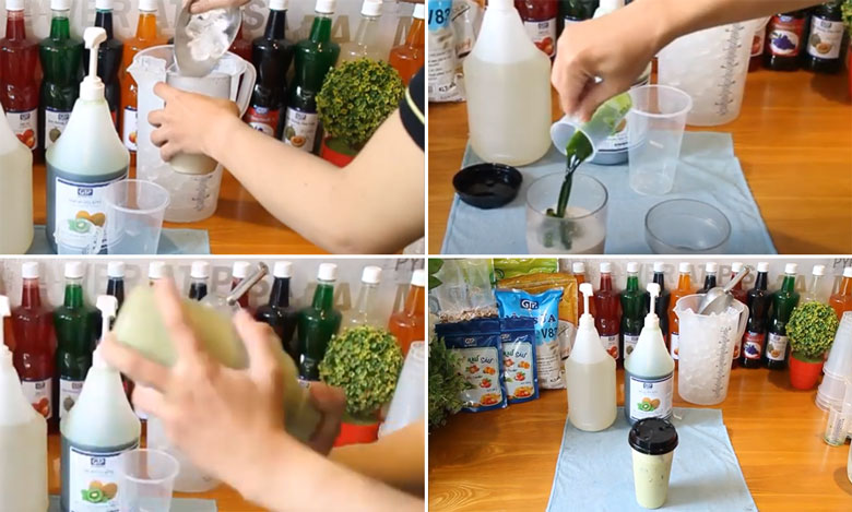 Cách làm trà sữa trái cây vị kiwi cho bột sữa, đường nước vào nước trà đen tiếp tục cho đá viên và siro kiwi vào lắc đều