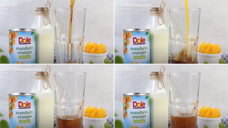 Cách làm trà sữa trái cây vị cam lấy 1 ly thủy tinh cho các nguyên liệu tiếp theo