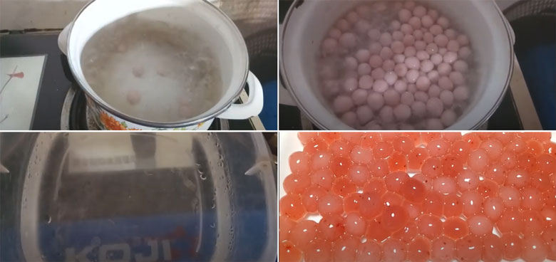 Cách làm trà sữa trân châu vị dâu đem trâu châu vị dâu đi luộc và thành phẩm