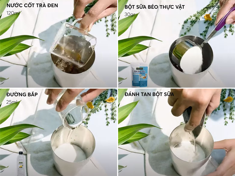 Cách làm trà sữa sầu riêng tỷ lệ pha trà đen với sữa bột