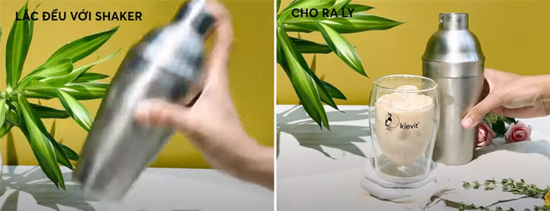 Cách làm trà sữa sầu riêng tỷ lệ pha trà đen với sữa bột và cho vào bình shaker lắc đều