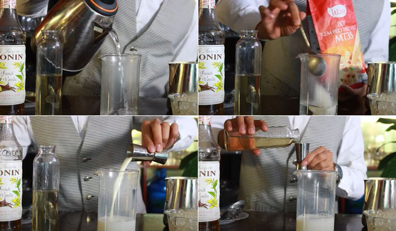 Trà sữa matcha kem cheese cần pha bột matcha trước tiên cho một số nguyên liệu: bột sữa, sữa tươi, nước đường