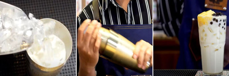 Tỷ lệ pha trà sữa bí đao đường đen rồi cho vào bình shaker lắc đều