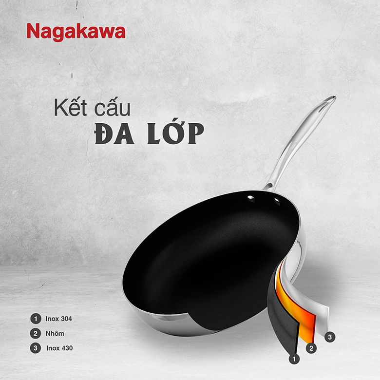 Thiết kế tiện lợi - Chảo inox chống dính Nagakawa Natsu 26 cm NAG2603