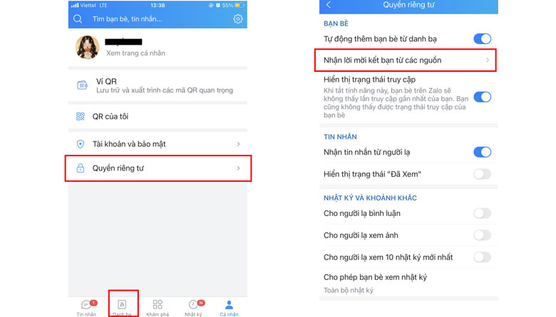 cách dấu số điện thoại trên zalo bước 1 và bước 2