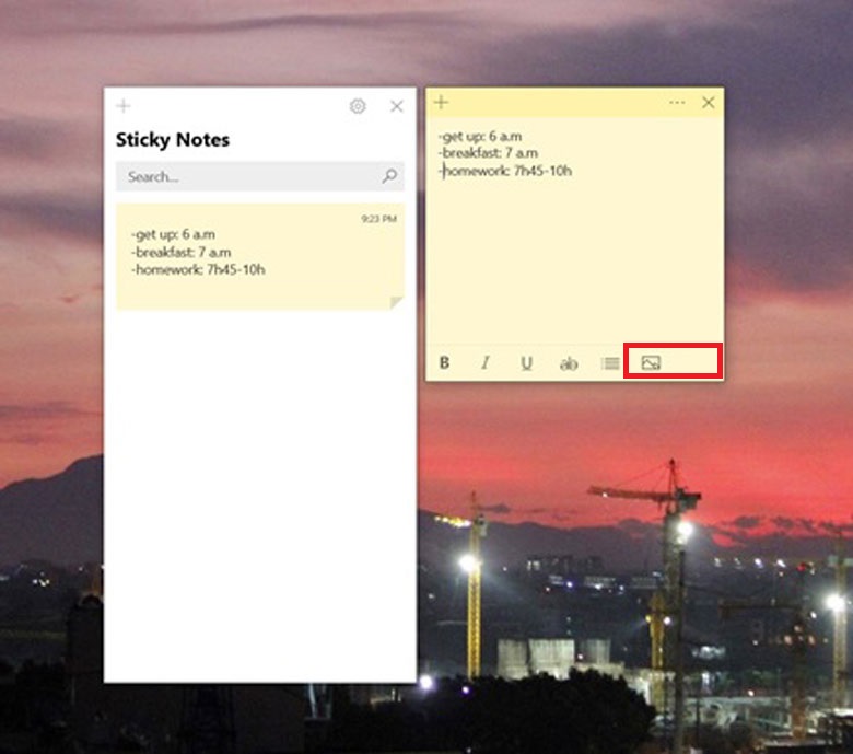 Cách tạo note trên màn hình máy tính win 10 nếu bạn muốn chèn ảnh vào ghi chú