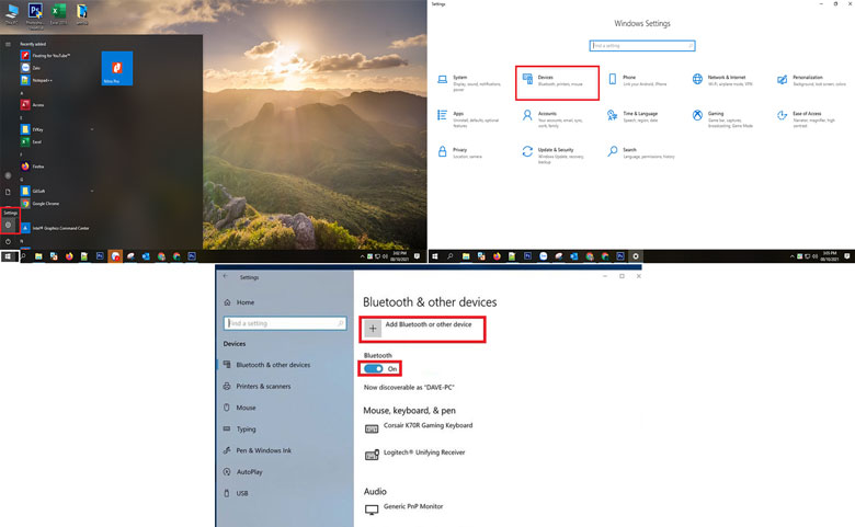 Kết nối Airpod với laptop trình tự thực hiện như sau: