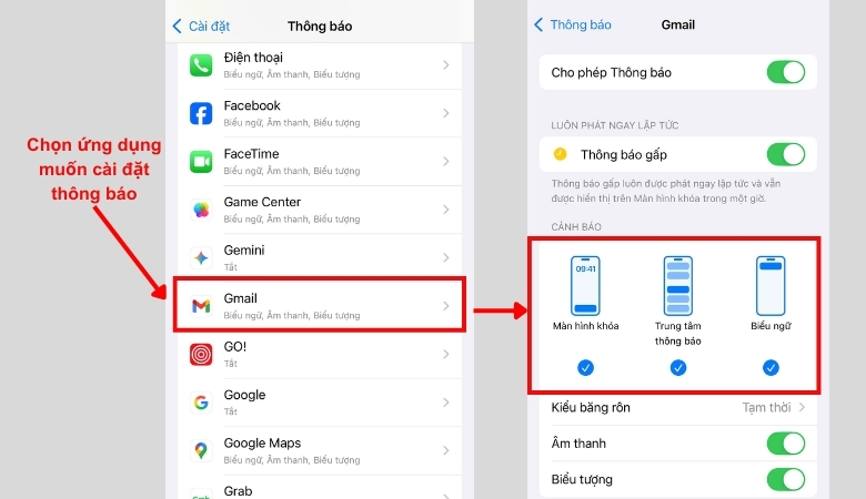 Các bước cài đặt bật thông báo khi iPhone không nhận được thông báo ứng dụng