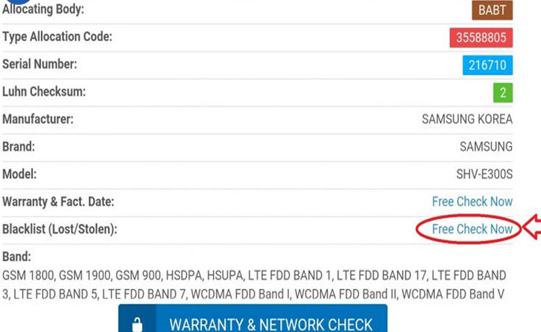 cách kiểm tra xuất xứ điện thoại Samsung bằng imeidata.net kết quả