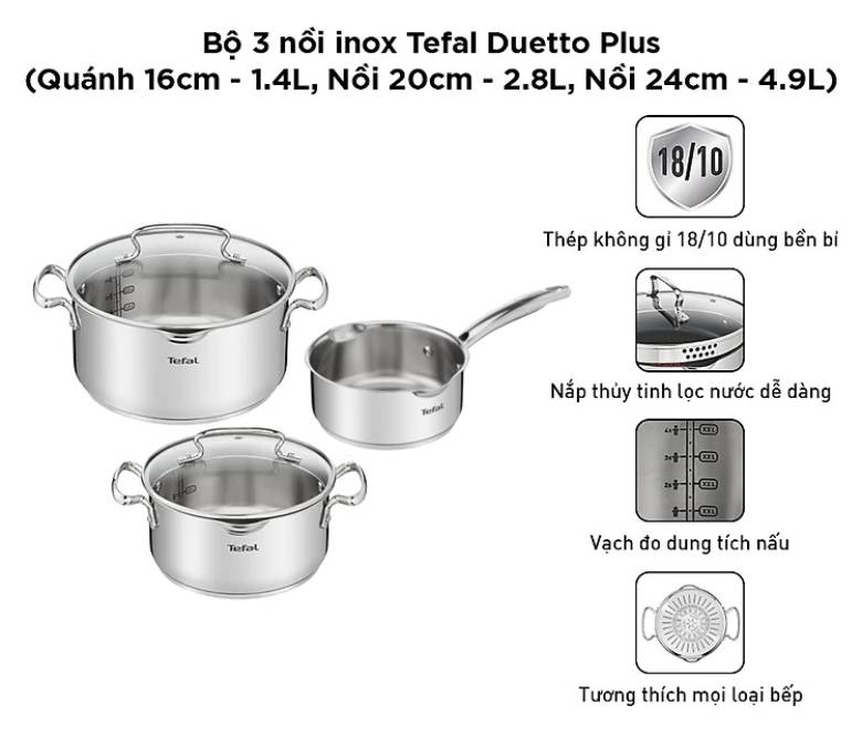  Bộ 3 nồi Inox Tefal Duetto Plus G719S655