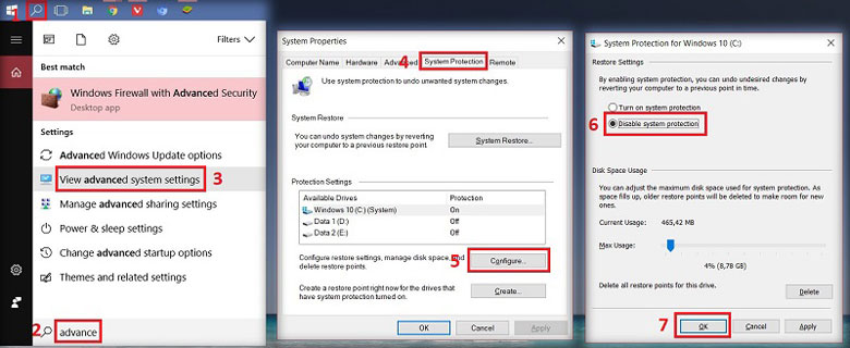 Cách tăng tốc máy tính Win 10 bằng vô hiệu hóa System Restore