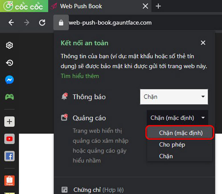 Cách chặn quảng cáo trên Cốc Cốc từ Web cụ thể
