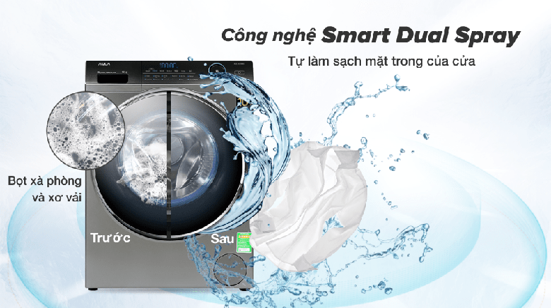 Công nghệ Smart Dual Spray-Máy giặt Aqua Inverter 10 kg AQD-A1000G S lồng ngang