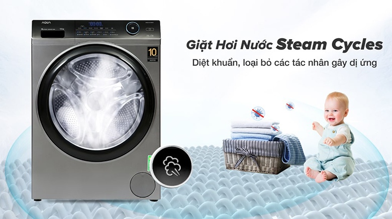 Công nghệ giặt hơi nước Steam -Máy giặt Aqua Inverter 10 kg AQD-A1000G S lồng ngang
