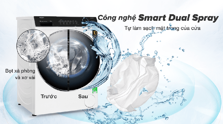 Công nghệ Smart Dual Spray-Máy giặt Aqua Inverter 10 kg AQD-A1000G W lồng ngang