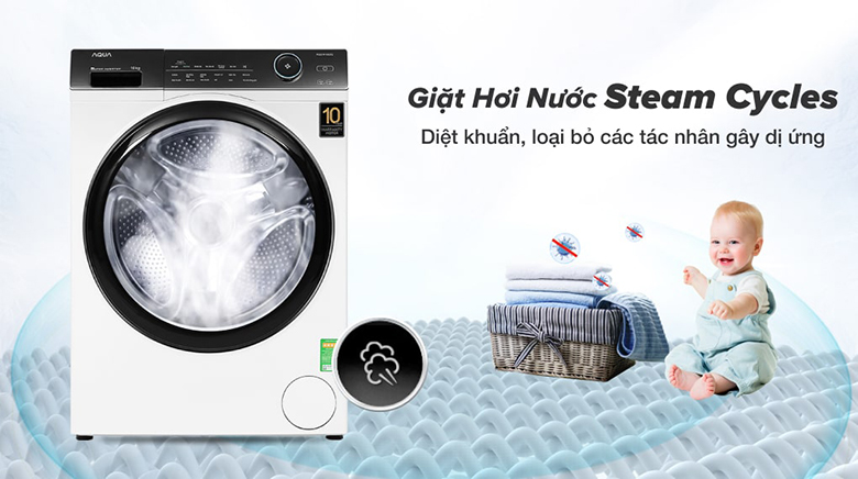 Công nghệ giặt hơi nước Steam -Máy giặt Aqua Inverter 10 kg AQD-A1000G W lồng ngang