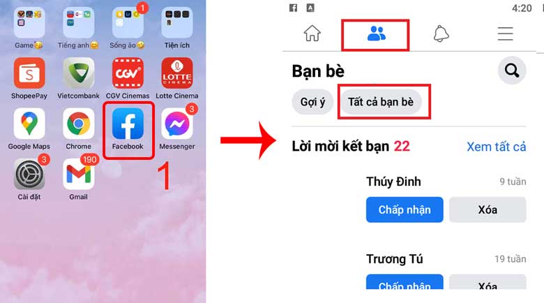 Xóa bạn bè trên facebook bằng điện thoại: Bước 1