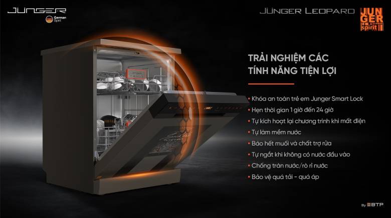 Máy rửa bát Junger Leopard DWJ-163-MS - Tính năng an toàn và tiện ích