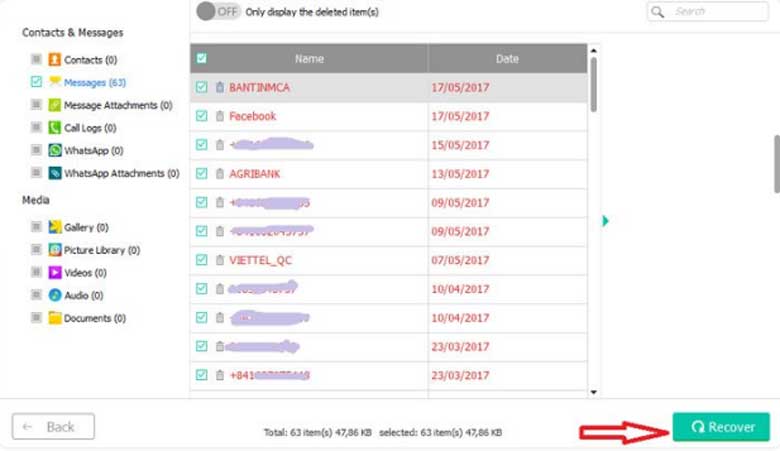 Cách khôi phục tin nhắn sms trên điện thoại bằng Android Data Recovery: Bước 6