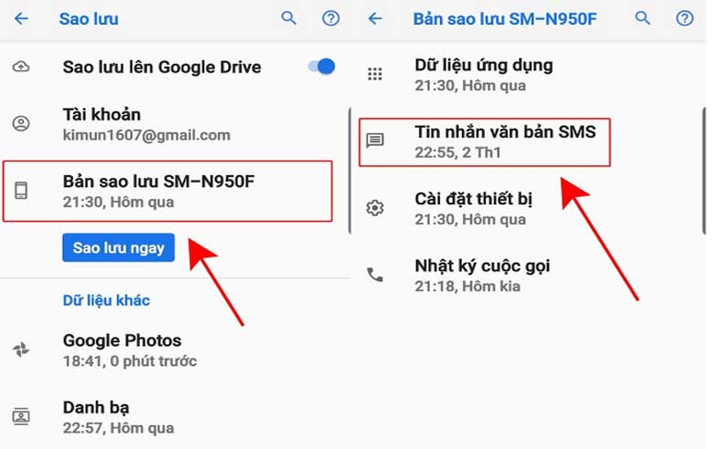 Cách khôi phục tin nhắn sms trên điện thoại bằng Google: Bước 3