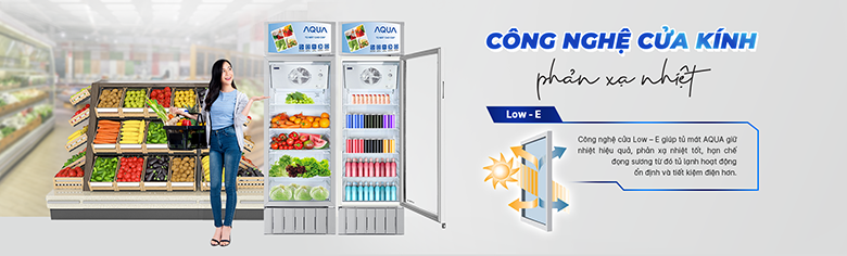 Tủ mát Aqua 340 lít AQS-F418S cửa kính công nghệ Low-E