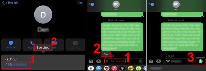 cách gửi số điện thoại qua tin nhắn trên iPhone: Cách 1
