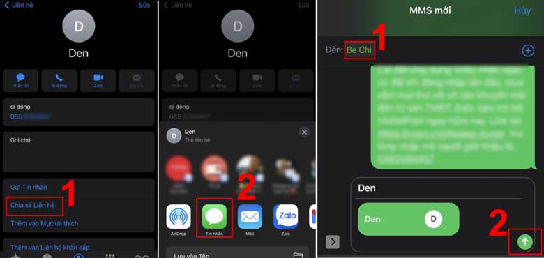 cách gửi số điện thoại qua tin nhắn trên iPhone: Cách 2