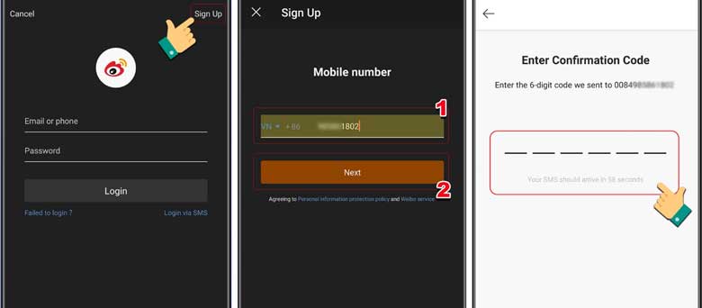Cách đăng ký Weibo trên điện thoại: Bước 2