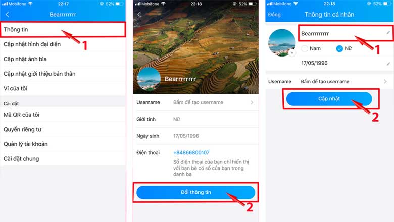 Cách đổi số điện thoại zalo: Đổi tên bước 2