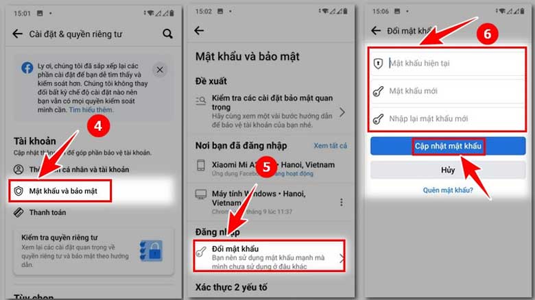 Cách thay đổi mật khẩu Facebook trên điện thoại Android: Bước 2