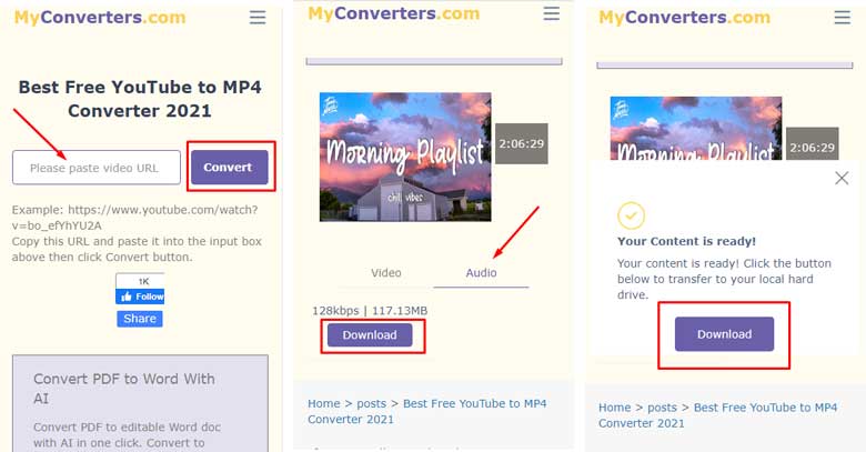 Cách chuyển nhạc từ youtube sang mp3 trên điện thoại bằng website myconverters.com