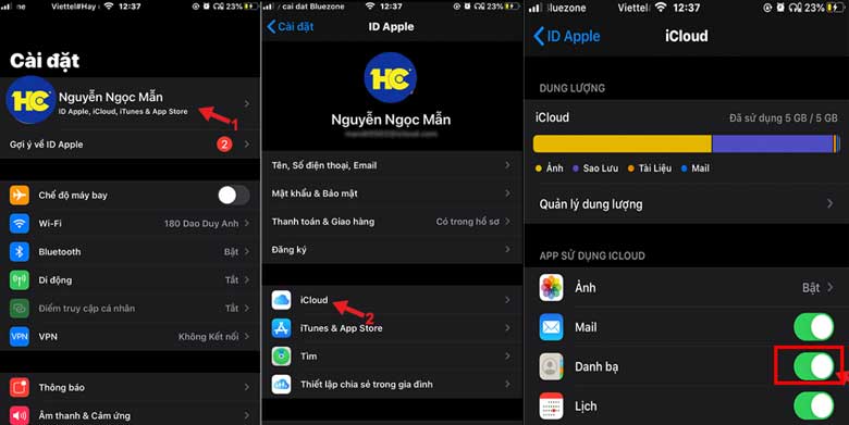 Cách chuyển số điện thoại từ máy sang sim bằng icloud: Bước 1