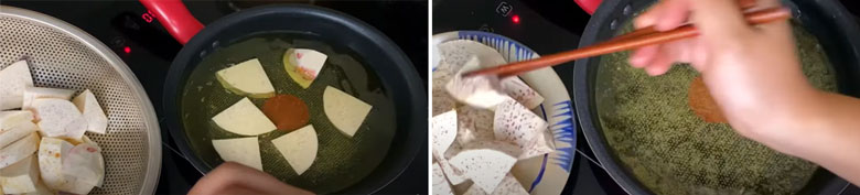 Cách nấu lẩu bò thập cẩm tiếp đến mang khoai môn đi chiên sơ qua