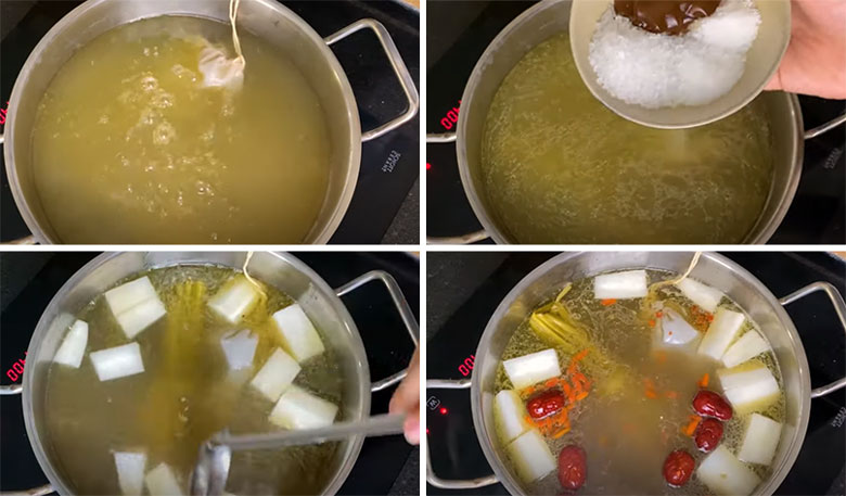 Cách nấu lẩu bò thập cẩm tiếp tục ninh nước lẩu cùng với các nguyên liệu khác