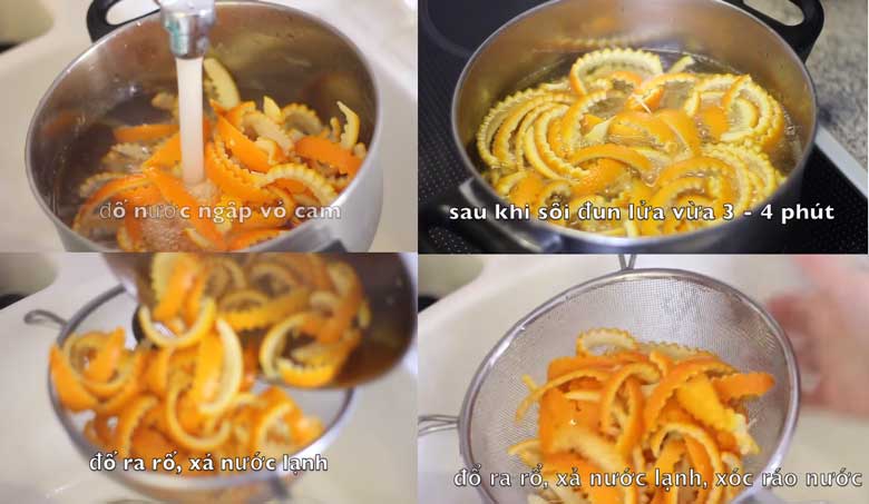 Cách làm mứt vỏ cam sấy khô: Khử đắng vỏ cam